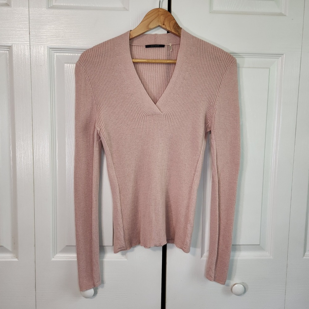 Elie Tahari Pink 100% Cashmere Ribbed V-Neck Long Sleeve Sweater Womens Medium